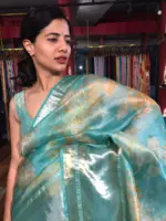 Teal Printed Organza Silk Saree with Kanchi Zari Border