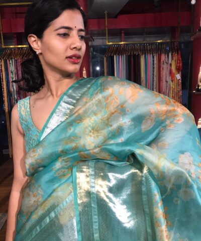 Teal Printed Organza Silk Saree with Kanchi Zari Border