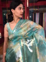 Teal Printed Organza Silk Saree with Kanchi Zari Border - Image 8