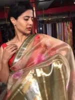 Sea Green Printed Organza Silk Saree with Kanchi Zari Border