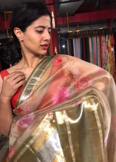 Sea Green Printed Organza Silk Saree with Kanchi Zari Border
