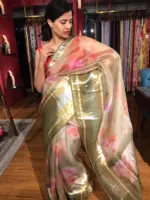Sea Green Printed Organza Silk Saree with Kanchi Zari Border - Image 4