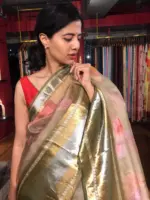 Sea Green Printed Organza Silk Saree with Kanchi Zari Border - Image 3