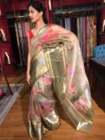 Sea Green Printed Organza Silk Saree with Kanchi Zari Border - Image 2