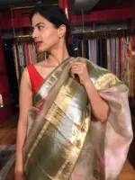 Sea Green Printed Organza Silk Saree with Kanchi Zari Border - Image 6
