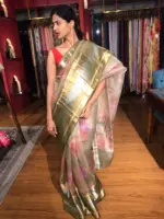 Sea Green Printed Organza Silk Saree with Kanchi Zari Border - Image 5