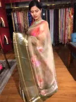 Sea Green Printed Organza Silk Saree with Kanchi Zari Border - Image 7