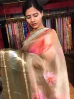 Sea Green Printed Organza Silk Saree with Kanchi Zari Border - Image 8