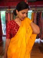 Mustard Yellow  Chiffon Silk Saree with Gold Zari Piping - Image 4