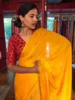 Mustard Yellow  Chiffon Silk Saree with Gold Zari Piping
