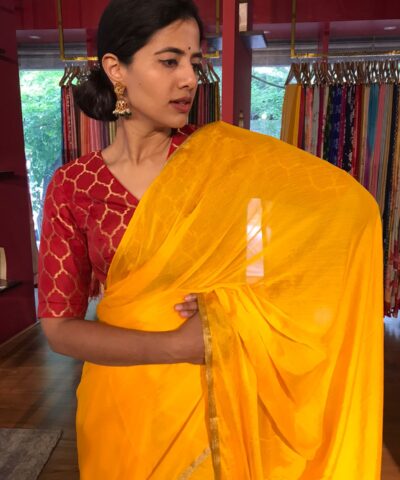 Mustard Yellow  Chiffon Silk Saree with Gold Zari Piping