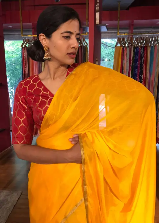 Mustard Yellow  Chiffon Silk Saree with Gold Zari Piping