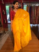 Mustard Yellow  Chiffon Silk Saree with Gold Zari Piping - Image 2