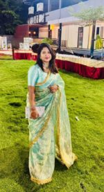 Sky Blue Dual Tone Tissue Silk Saree highlighted with Zari Motifs and Gota Border - Image 10