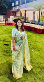 Sky Blue Dual Tone Tissue Silk Saree highlighted with Zari Motifs and Gota Border - Image 10