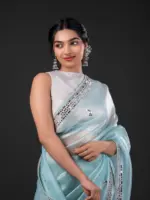 Blue Tissue Organza Silk Saree beautifully Embroidered with Mirrors