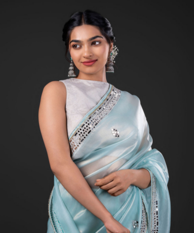 Blue Tissue Organza Silk Saree beautifully Embroidered with Mirrors