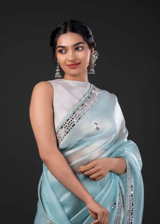 Blue Tissue Organza Silk Saree beautifully Embroidered with Mirrors