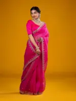 Rani Pink Organza Silk Saree highlighted with beautiful Gota, Mirror work, Cut Dana embroidery - Image 8