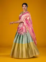 Sea Green Silk Lehenga Set with Pink Tissue Dupatta - Image 6