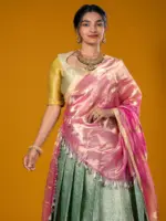 Sea Green Silk Lehenga Set with Pink Tissue Dupatta - Image 4