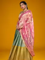 Sea Green Silk Lehenga Set with Pink Tissue Dupatta - Image 2