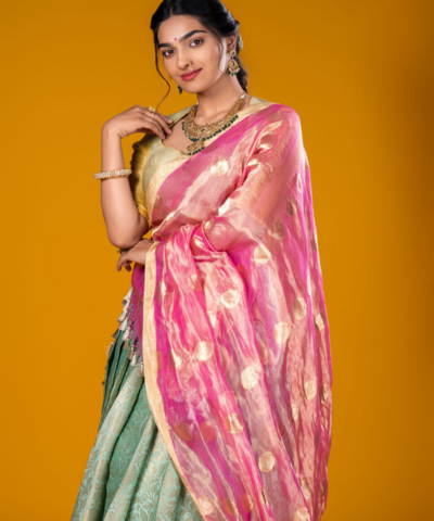 Sea Green Silk Lehenga Set with Pink Tissue Dupatta