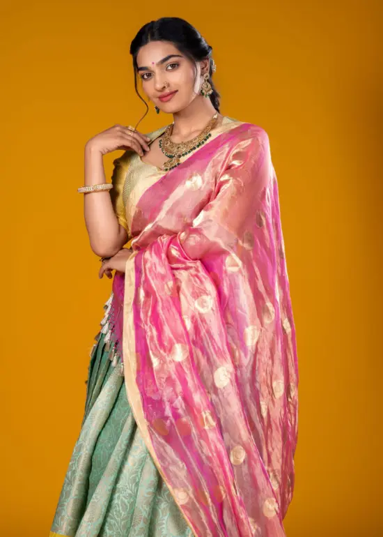 Sea Green Silk Lehenga Set with Pink Tissue Dupatta