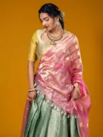 Sea Green Silk Lehenga Set with Pink Tissue Dupatta - Image 3