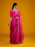 Rani Pink Organza Silk Saree highlighted with beautiful Gota, Mirror work, Cut Dana embroidery - Image 7