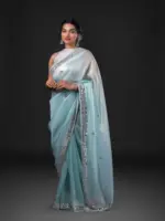 Blue Tissue Organza Silk Saree beautifully Embroidered with Mirrors - Image 2