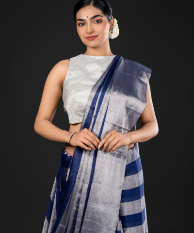 Navy Blue Handwoven Tissue Silk Saree