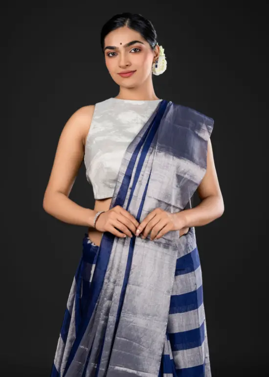 Navy Blue Handwoven Tissue Silk Saree