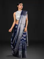 Navy Blue Handwoven Tissue Silk Saree - Image 2