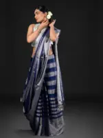 Navy Blue Handwoven Tissue Silk Saree - Image 3