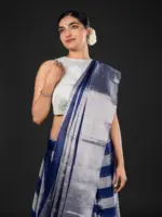 Navy Blue Handwoven Tissue Silk Saree - Image 4