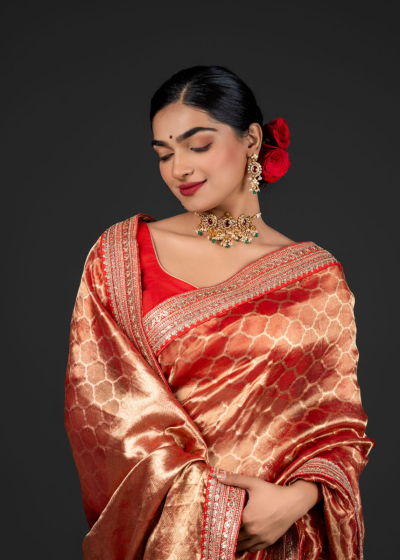 Scarlet Red Handwoven Tissue Silk Saree with Embroidered Border Detailing