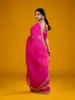 Rani Pink Organza Silk Saree highlighted with beautiful Gota, Mirror work, Cut Dana embroidery - Image 6