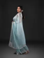 Blue Tissue Organza Silk Saree beautifully Embroidered with Mirrors - Image 3