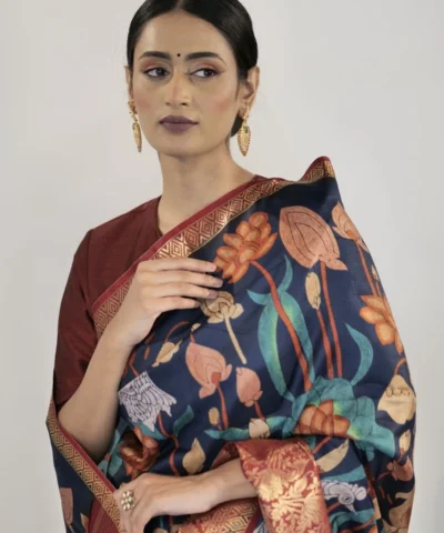 Ocean Blue Printed Dola Silk Saree