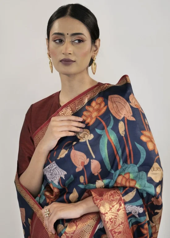 Ocean Blue Printed Dola Silk Saree