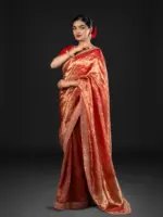 Scarlet Red Handwoven Tissue Silk Saree with Embroidered Border Detailing - Image 2