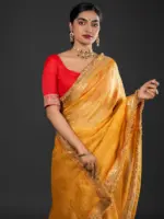Haldi Yellow Crushed Tissue Silk Saree Highlighted With Embroidery and Gota Border - Image 4