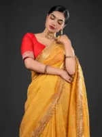 Haldi Yellow Crushed Tissue Silk Saree Highlighted With Embroidery and Gota Border