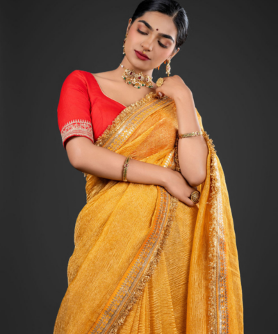 Haldi Yellow Crushed Tissue Silk Saree Highlighted With Embroidery and Gota Border