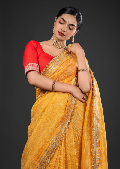 Haldi Yellow Crushed Tissue Silk Saree Highlighted With Embroidery and Gota Border