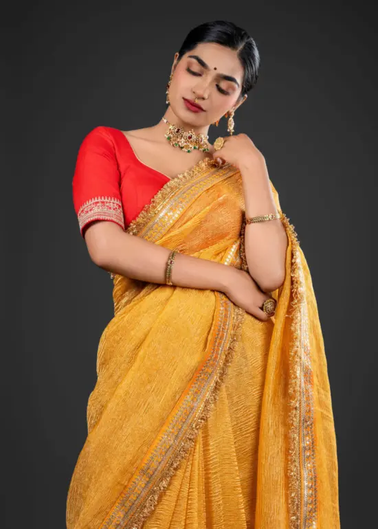 Haldi Yellow Crushed Tissue Silk Saree Highlighted With Embroidery and Gota Border