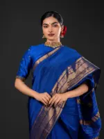Royal Blue Mangalgiri silk saree with Kanchi silk border