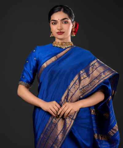 Royal Blue Mangalgiri silk saree with Kanchi silk border