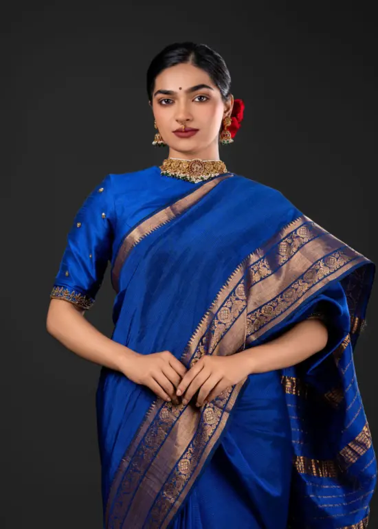 Royal Blue Mangalgiri silk saree with Kanchi silk border